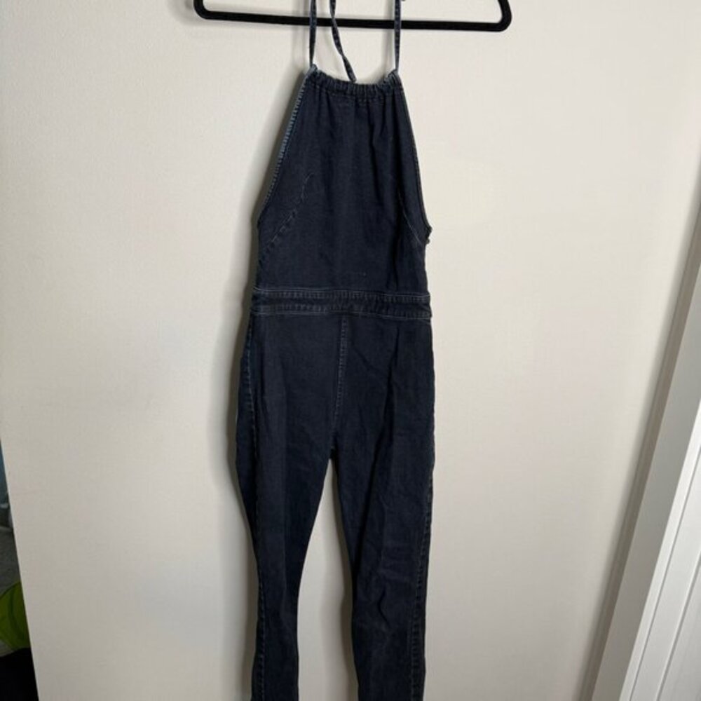 Free People Hearts On Fire Halter Denim Jumpsuit Blue Size 2 OB515125